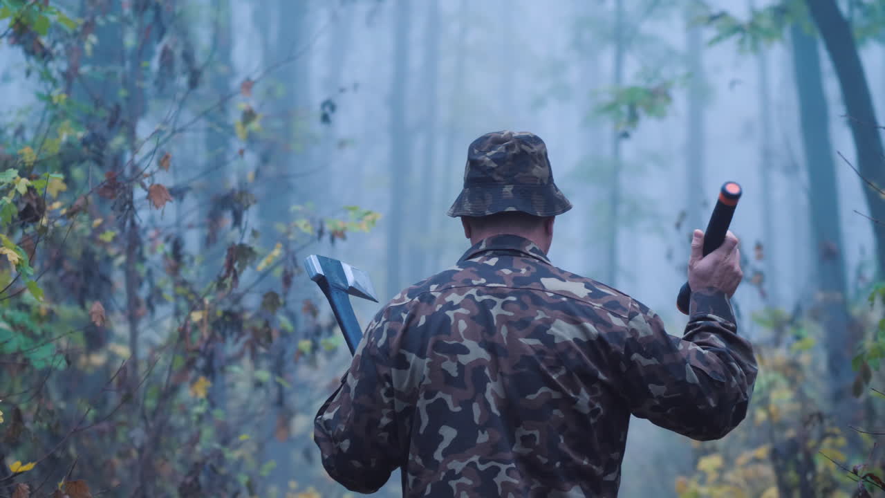 Homme menaçant avec une hache et une lampe de poche marche dans la forêt. Scène de crime effrayante.