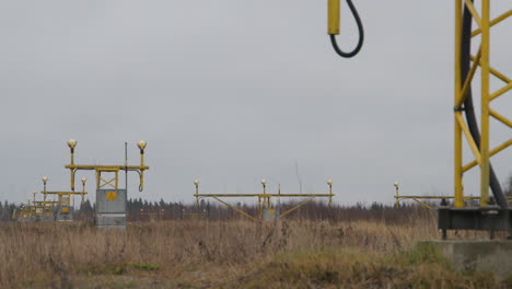 panning over field of aviation landing approach lights at airport