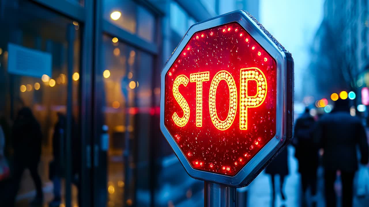Jasny znak stopu na rogu miejskiej ulicy. Znak stopu rozświetla się w ciemności, gdy wieczorem, zimą, ludzie przechodzą obok na ulicy.