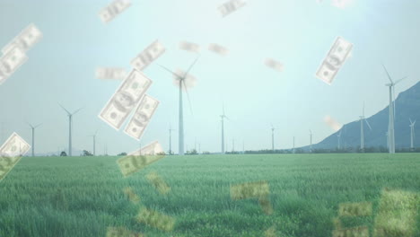 wind turbines in green field with falling money animation