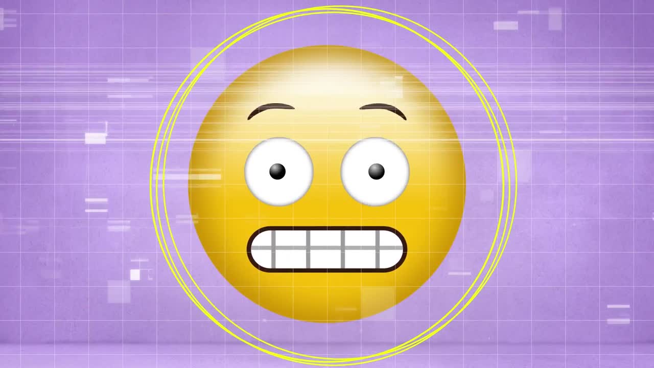 animación digital de formas abstractas de colores sobre emoji de cara con muecas sobre un fondo púrpura
