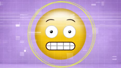 Digitale-Animation-Abstrakter-Bunter-Formen-über-Grimassierendem-Gesichts-Emoji-Auf-Violettem-Hintergrund