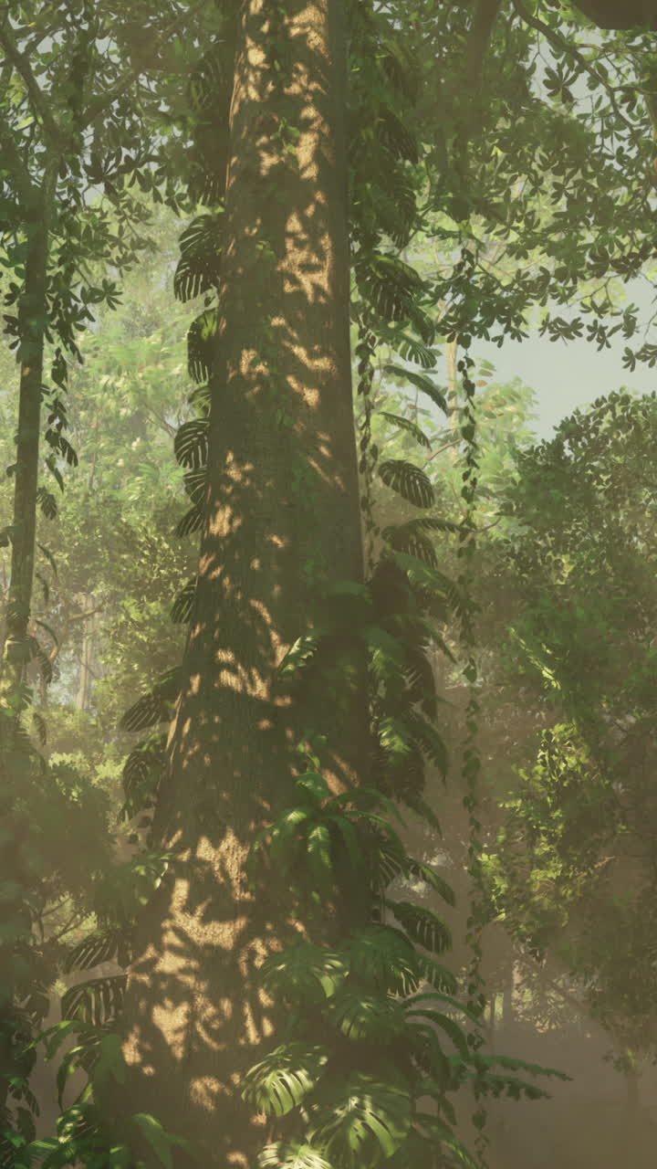 la luz del sol filtrándose a través de un exuberante bosque tropical