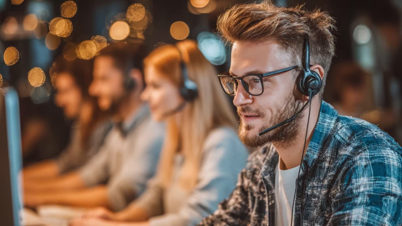 A focused team of customer service representatives engaged in a call center environment, showcasing attentive communication and modern technology use in a vibrant workspace