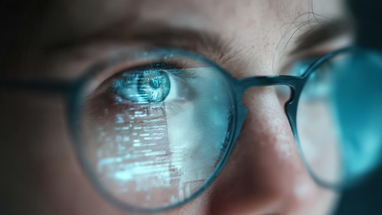 Close-Up of an Individual's Eye Behind Glasses, Capturing a Digital Display Reflecting Complex Data and Information Overlaid on Their Vision