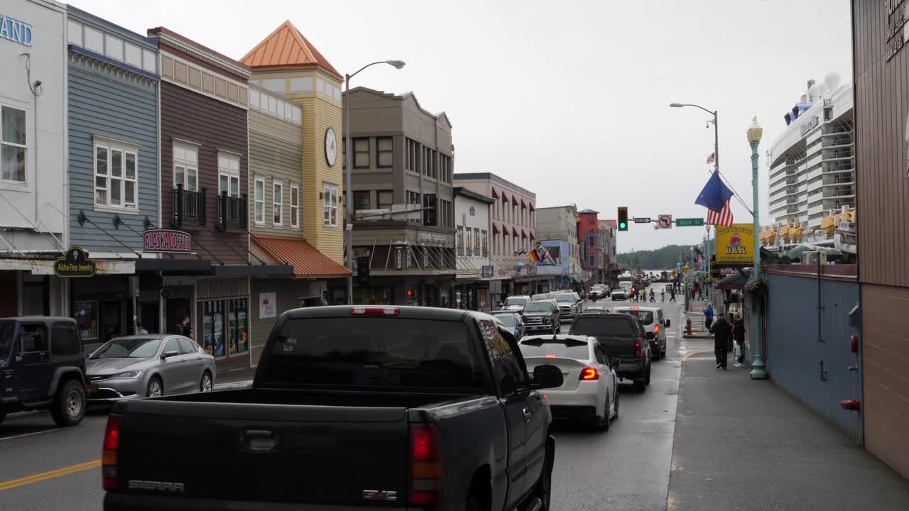 Alaskan Town Street Scene with Cruise Ship