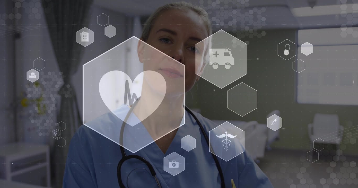 Enfermeira Revisando Prontuários Médicos em Hospital com Ícones de Saúde Digital