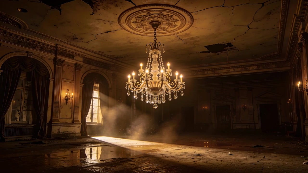 Lampadario scintillante che cattura un raggio di luce mentre il sole filtra dalla finestra a sinistra, illuminando la polvere su un pavimento bagnato.
