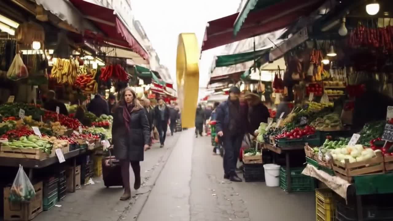 Vibrant Market Scene with Digital Geographic Elements