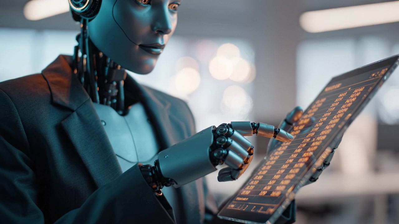 Advanced humanoid robot interacting with a digital interface, showcasing technological innovation and the future of artificial intelligence in a modern workspace environment.