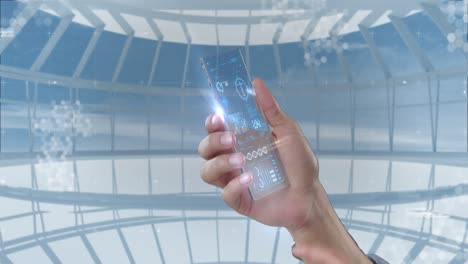 teléfono móvil futurista en la mano contra un fondo generado digitalmente