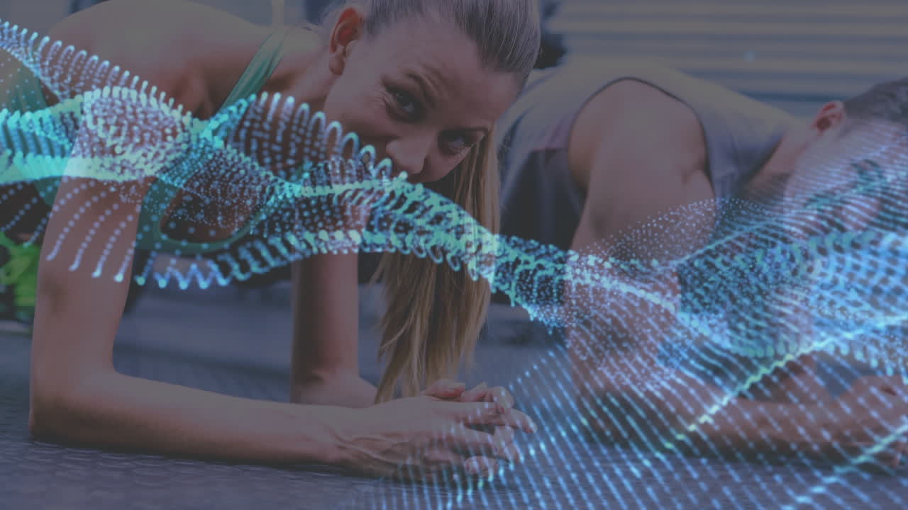 анимация синих точек над мужчиной и женщиной, занимающимися физическими упражнениями