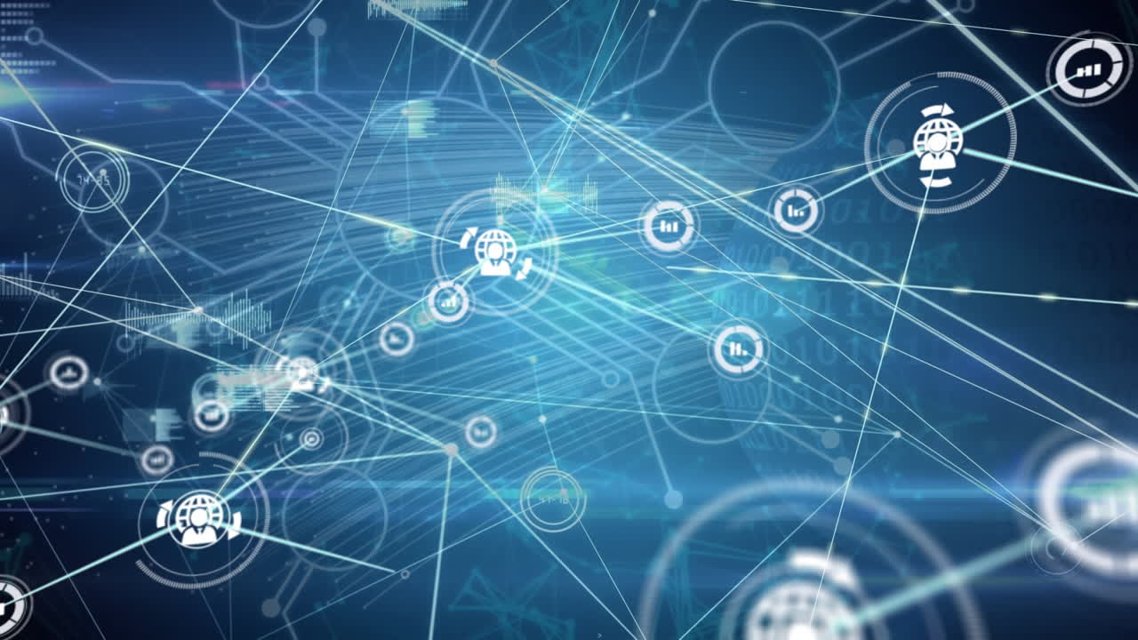 animación de iconos y puntos conectados con bengalas de lente, códigos binarios y patrón de placa de circuito