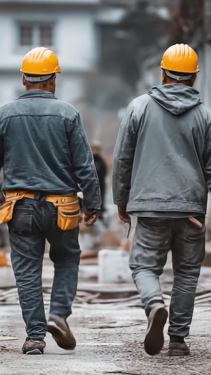 Two Construction Workers in Yellow Hard Hats Walk Together on a Job Site, Engaged in Conversation While Surrounded by Equipment and Construction Activity