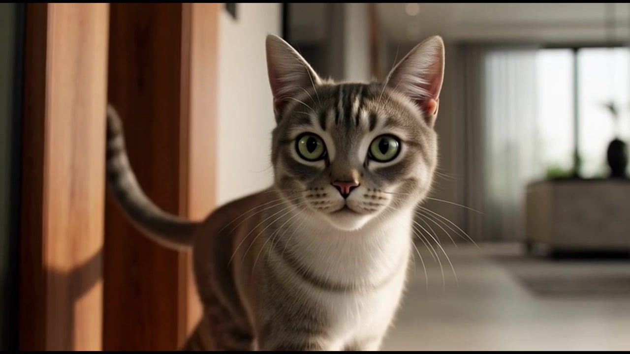 Gatto soriano curioso che sbircia attraverso una porta in un soggiorno