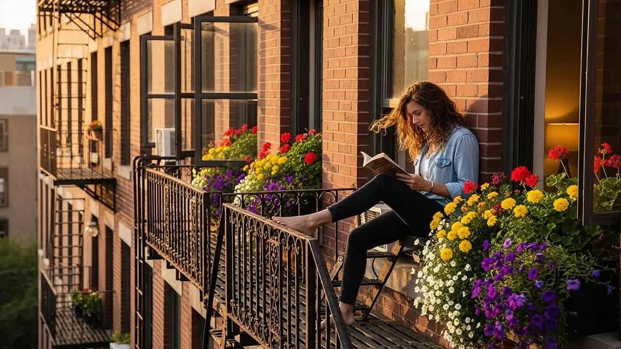 A Serene Evening Escape: A Young Woman Enjoys a Book on a Blossoming Balcony Amidst Vibrant Flowers and a Sunset Glow in an Urban Setting