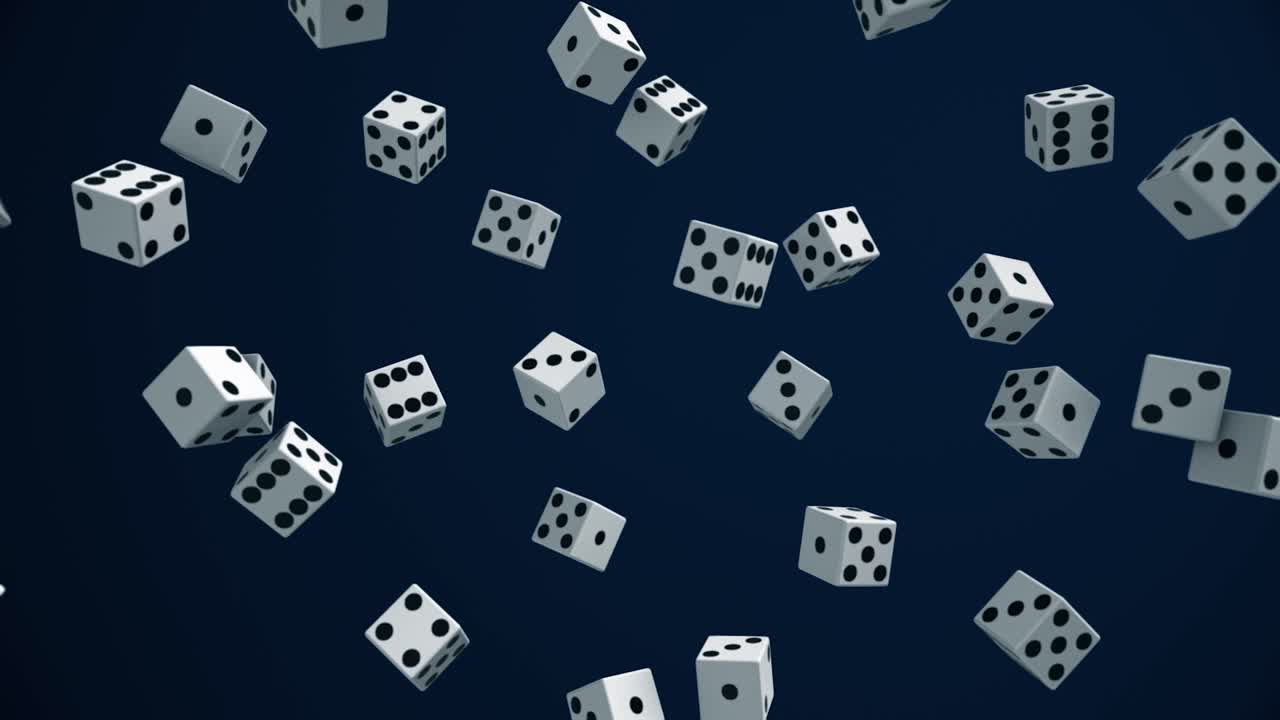 los dados blancos cayendo contra un fondo azul