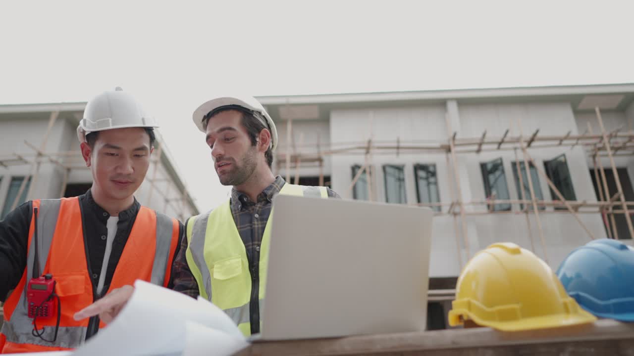 Housing project owner talking with building architect or civil engineer or foreman about house style in blueprint at construction site. Team of professional contractor work in real estate business.