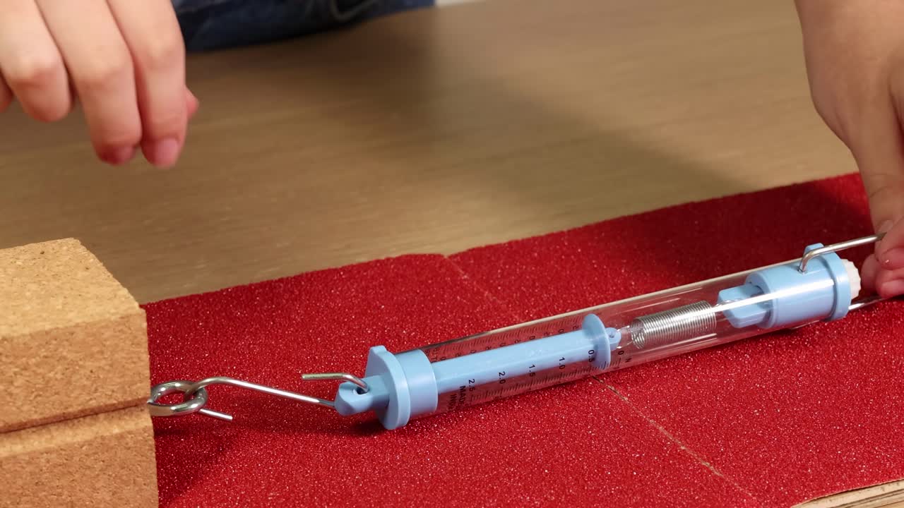 Close-up of cork blocks on sandpaper with a spring scale measuring frictional force.