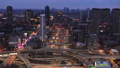 Chicago-morning-rush-hour-with-skyscrapers-aerial-view