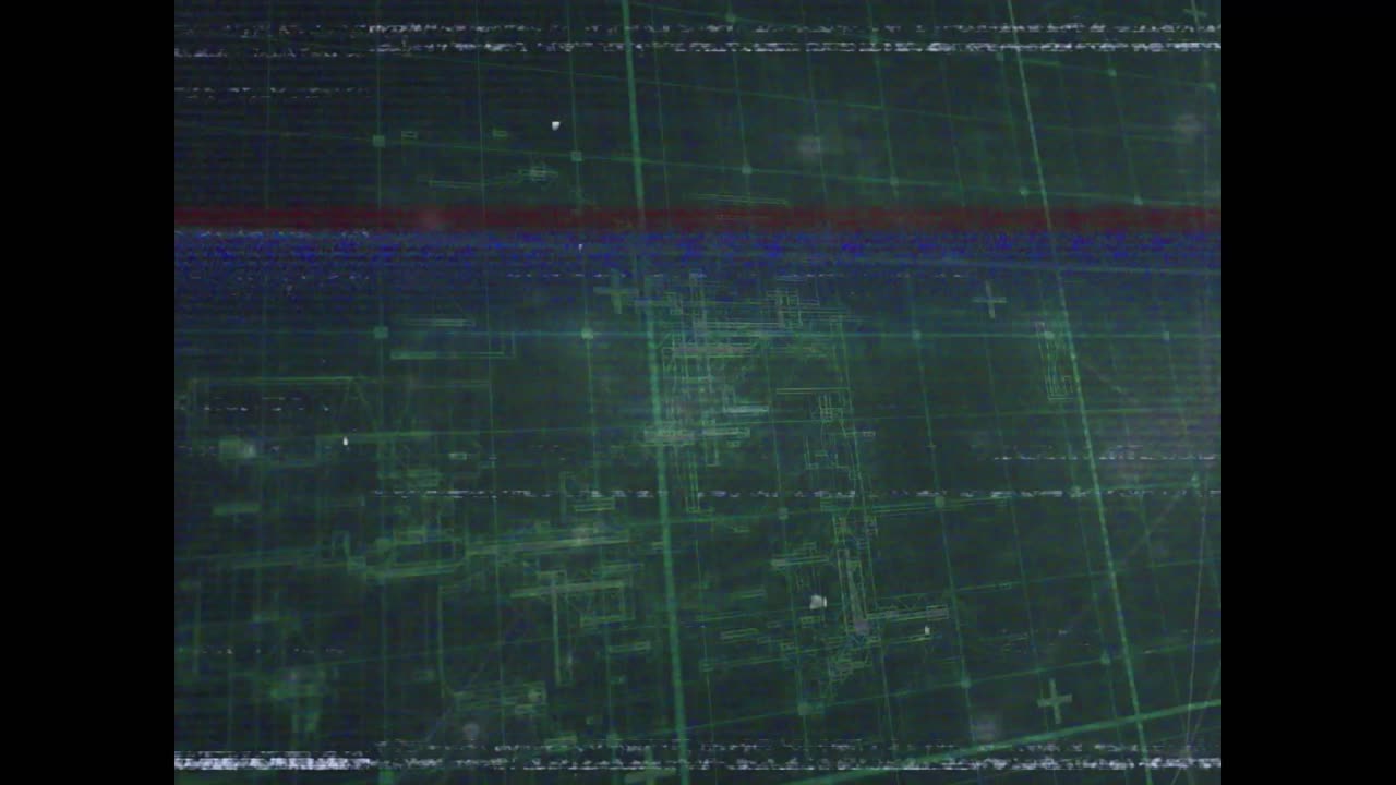 Animation of vhs glitch effect against network of connections over grid network on green background