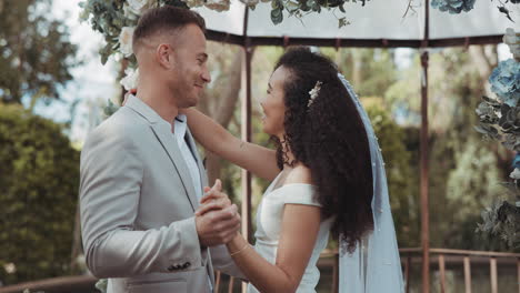 couple, wedding and dancing with love