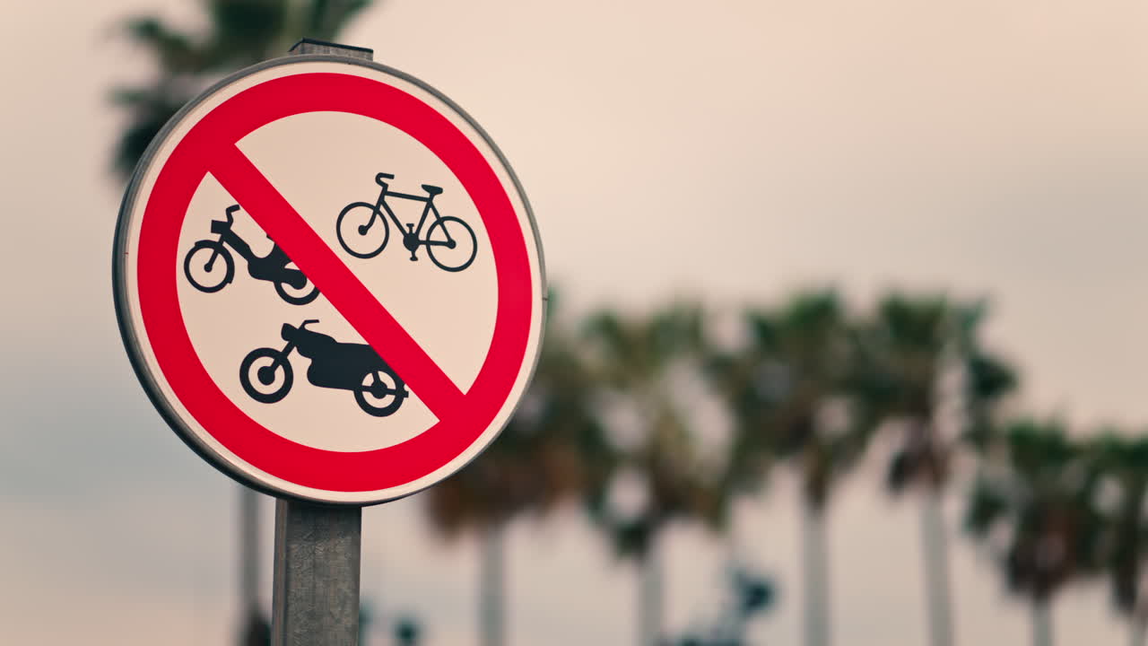 No bicycles allowed sign with a blurred background of a palm tree