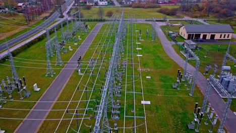 aerial: electrical power substation in suburban area of europe