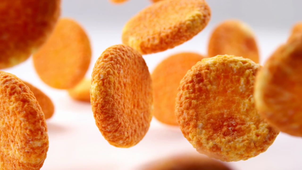 Une scène délicieuse de biscuits flottants lévitant en plein air, sur un fond blanc immaculé, créant une atmosphère dynamique et ludique, publicité alimentaire et produit de collation.