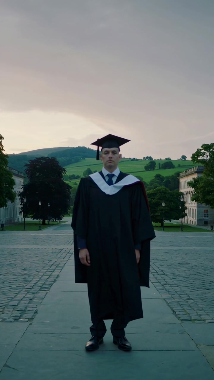 Video verticale: La telecamera inizia a registrare, laureato che mantiene la posa nel cortile con tocco e toga per la laurea.