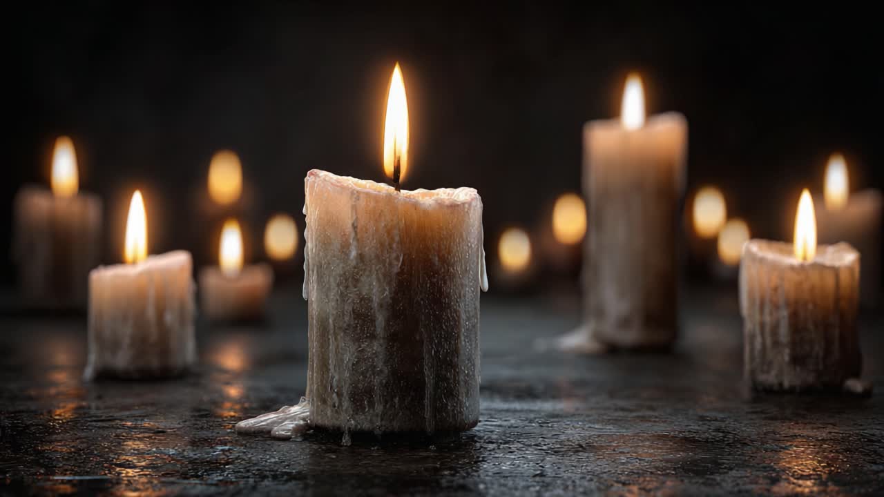 A Serene Arrangement of Flickering Candle Flames on Dark Background, Creating an Atmosphere of Tranquility and Warmth in an Enigmatic Setting