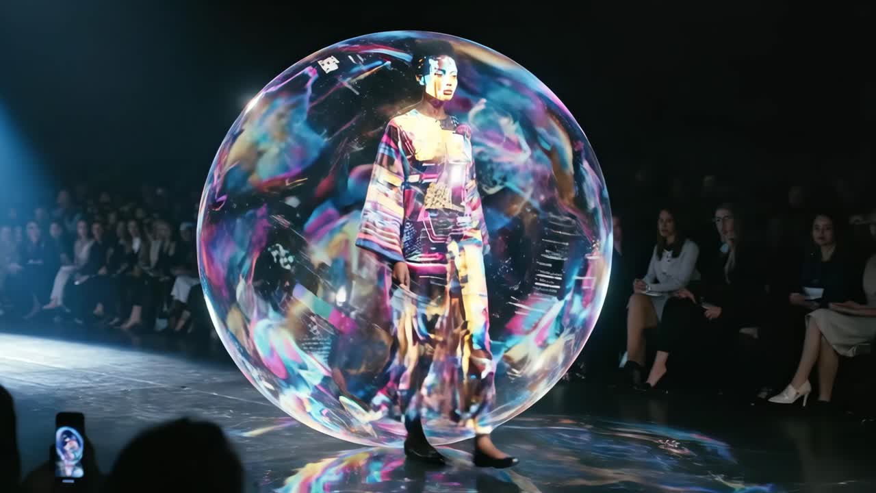 ファッションショーのデジタル球体内でランウェイを歩く未来的なモデル