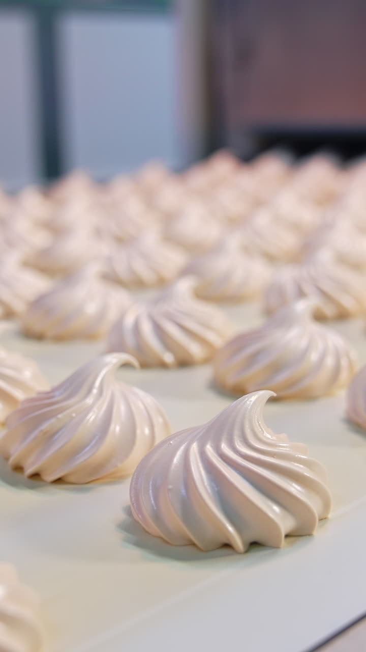 Marshmallow making factory conveyor. Confectionery industrial production. Vertical video