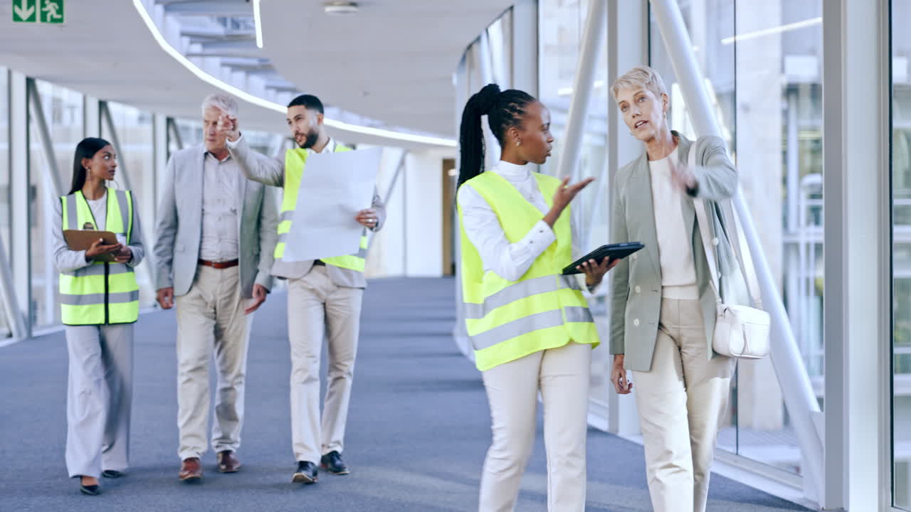 Mulher, arquiteta e equipe em planejamento de construção
