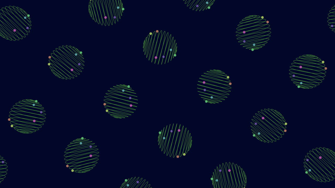 Spiraling pattern of green and blue circles on dark blue background