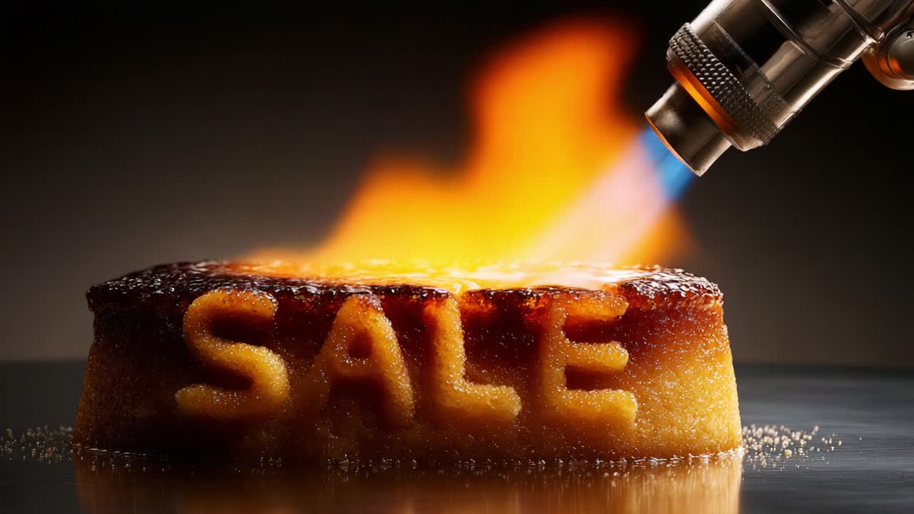 An Eye-Catching Dessert Display Featuring a Caramelized Cake with Flames, Highlighting a Bold 'SALE' Inscription, Perfect for Promotion and Celebrating Sweet Deals