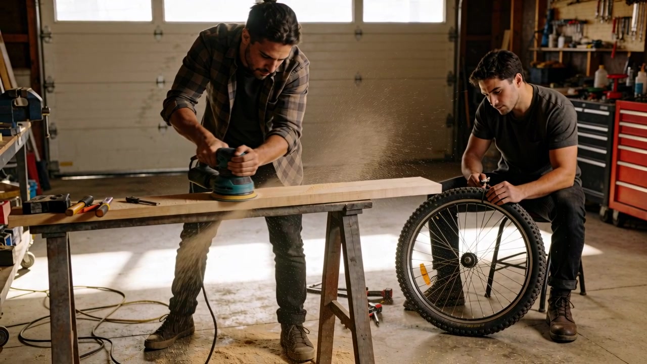 Lijando una tabla con lijadora orbital sobre caballetes en el garaje; una persona con camiseta ajusta la rueda de una bicicleta.