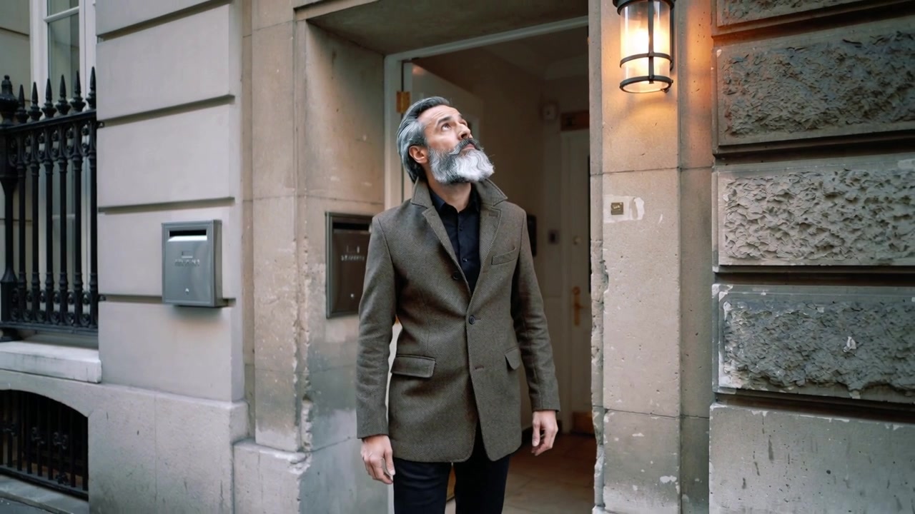 Uomo anziano in blazer che esce dopo l'apertura della porta, ispezionando una lanterna accesa e tenendo lo sguardo rivolto verso l'alto.