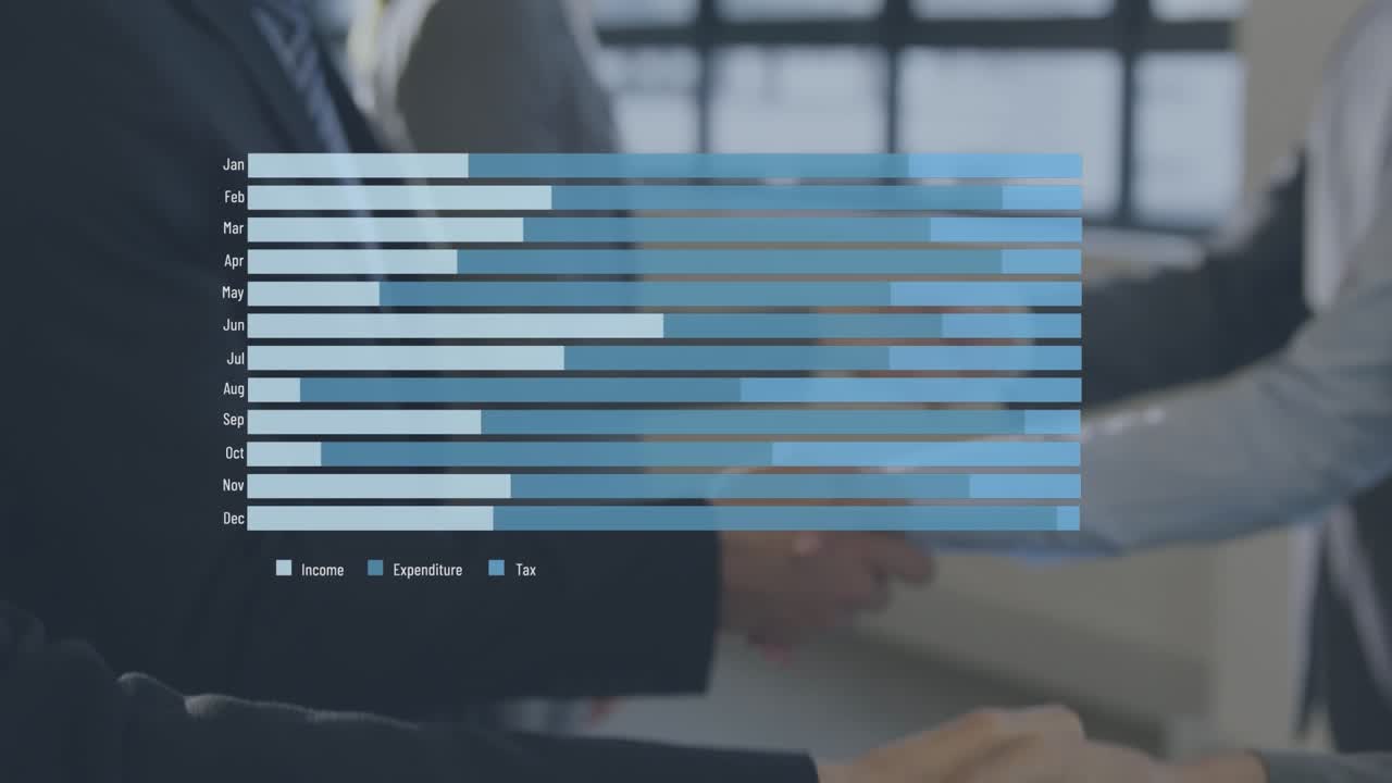Animation af behandling af finansielle data over forretningsmands håndtryk