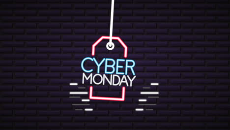 cyber monday neon lights animation with tag hanging