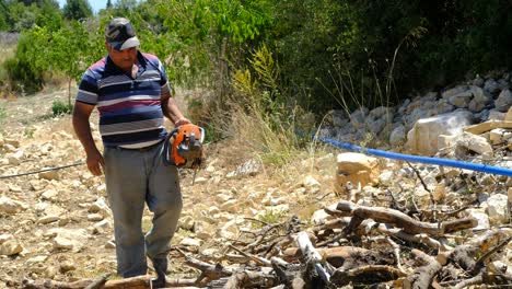 Man-cutting-wood-with-chainsaw-forest