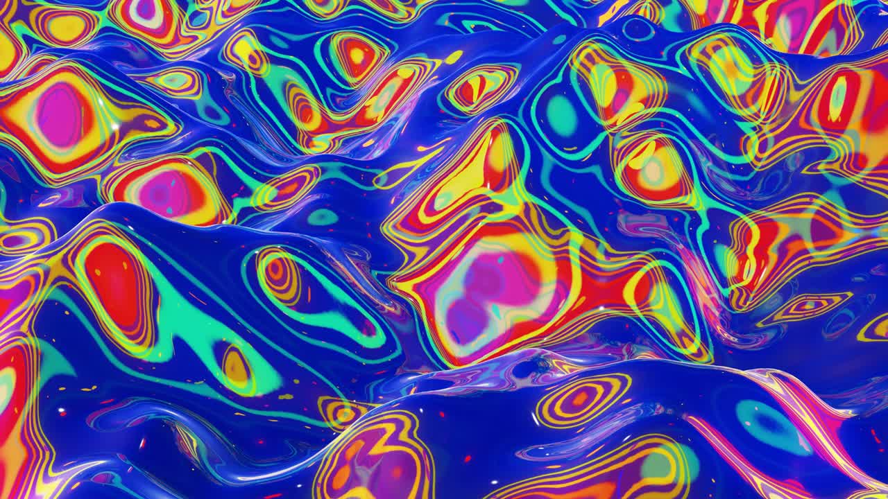 patrón líquido como ondas en movimiento en bucle. 3d elegante abstracto iridescente bg de superficie ondulada como vidrio líquido brillante con arco iris hermosos colores de gradiente. 4k animado fluido colorido de moda.