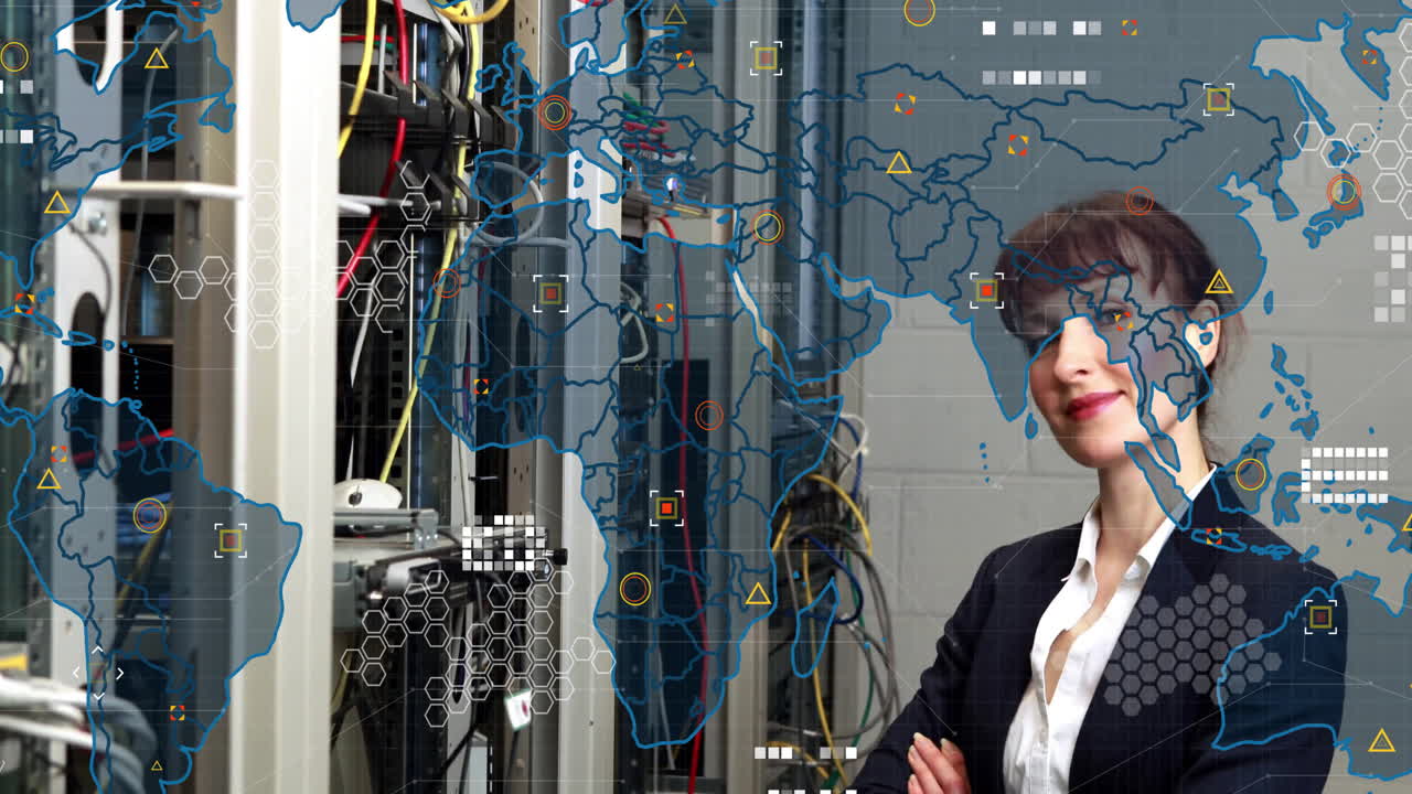 Network connections and data processing animation over woman in server room