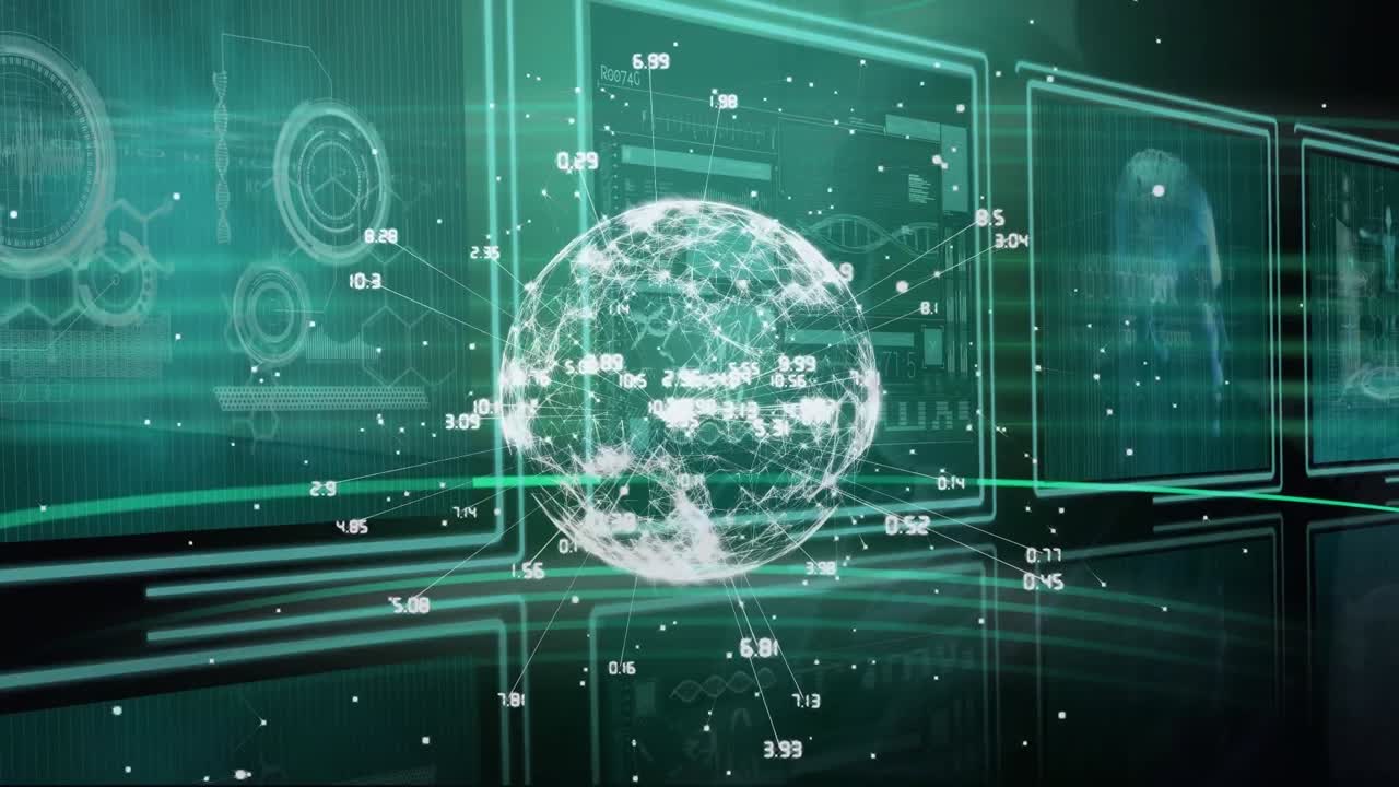 Animation of connections and globe over green background with screens with data