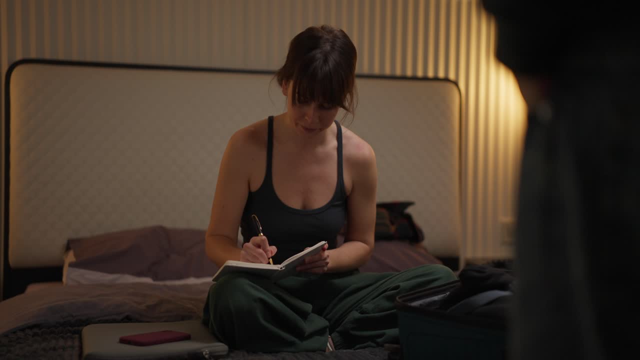 Woman Writing in Notebook on Bed