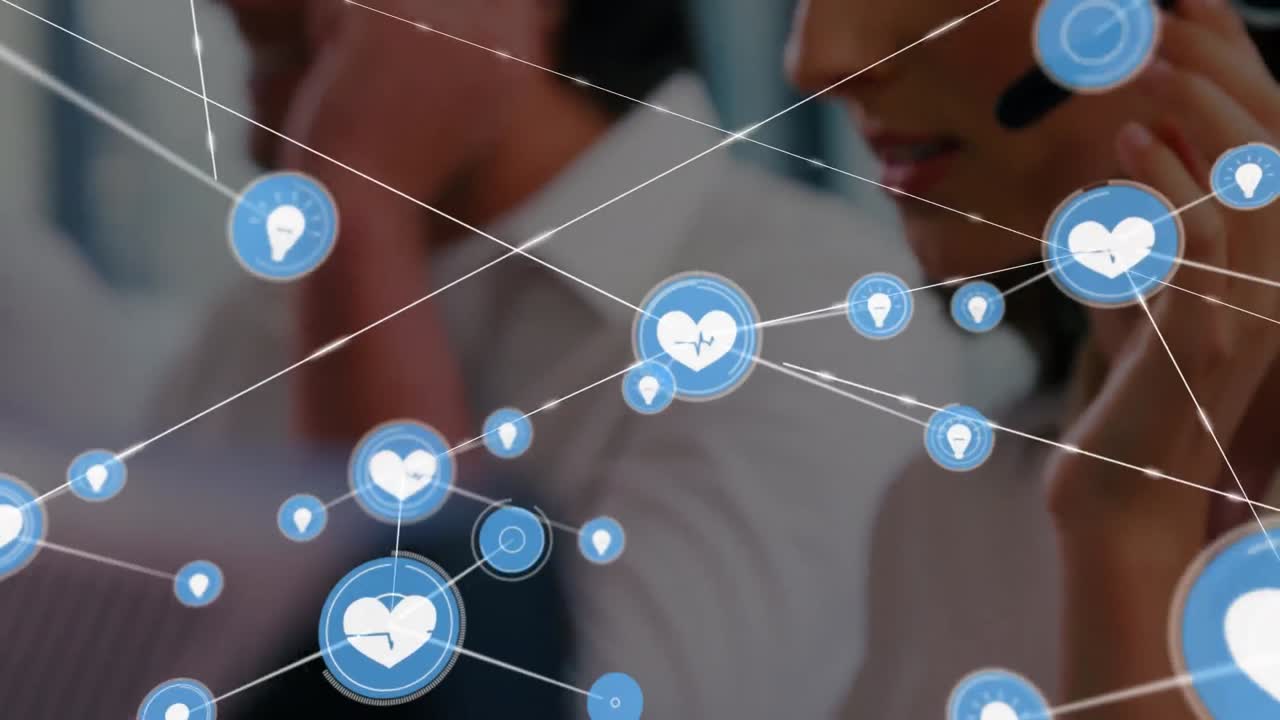 헤드 ⁇ 을 착용 한 사업가 들 위 에 있는 연결 네트워크 와 아이콘 의 애니메이션