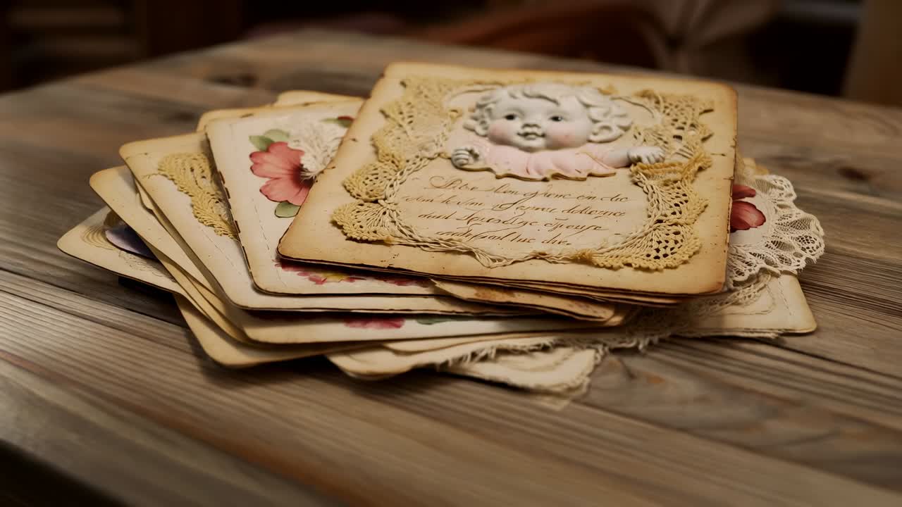 Zoom della fotocamera che mette a fuoco una pila di carte vintage su un tavolo di legno, rivelando un cherubino e un merletto