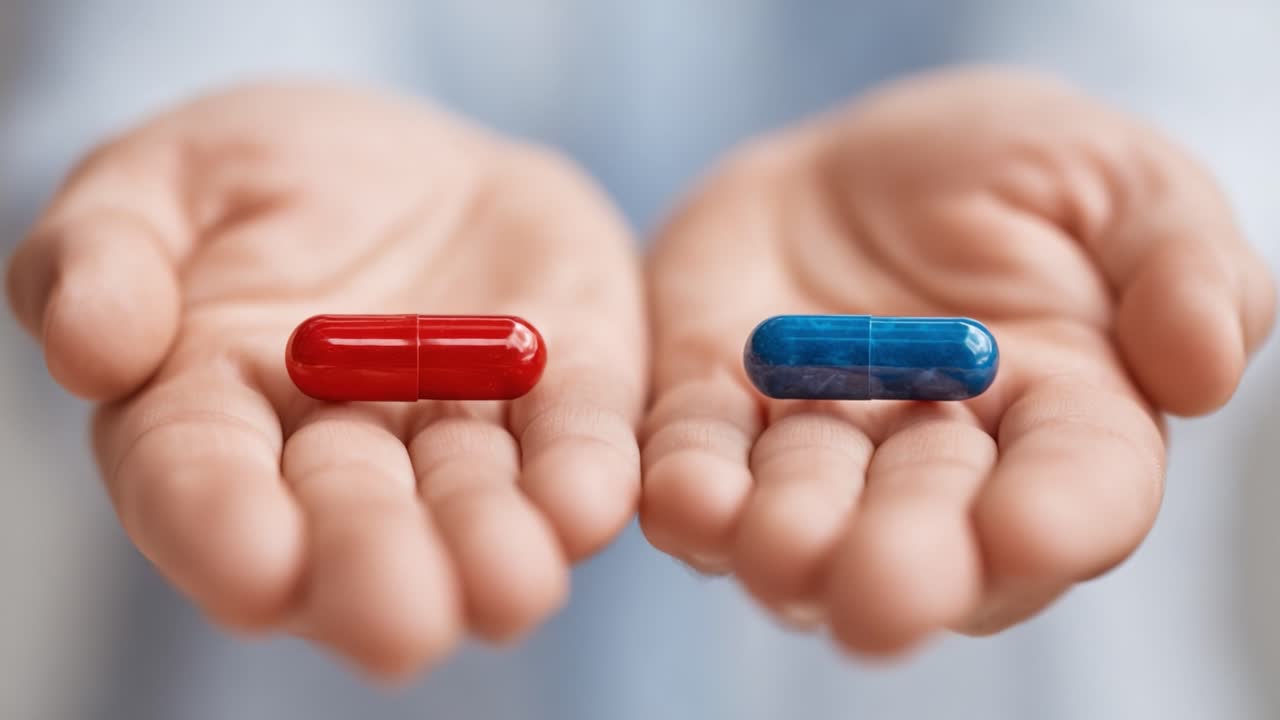 Uma Visão Detalhada de Duas Cápsulas Distintas Seguradas em Mãos Abertas, Representando Escolhas em Medicação ou Filosofia, Destacando o Contraste Entre as Cores Vermelha e Azul