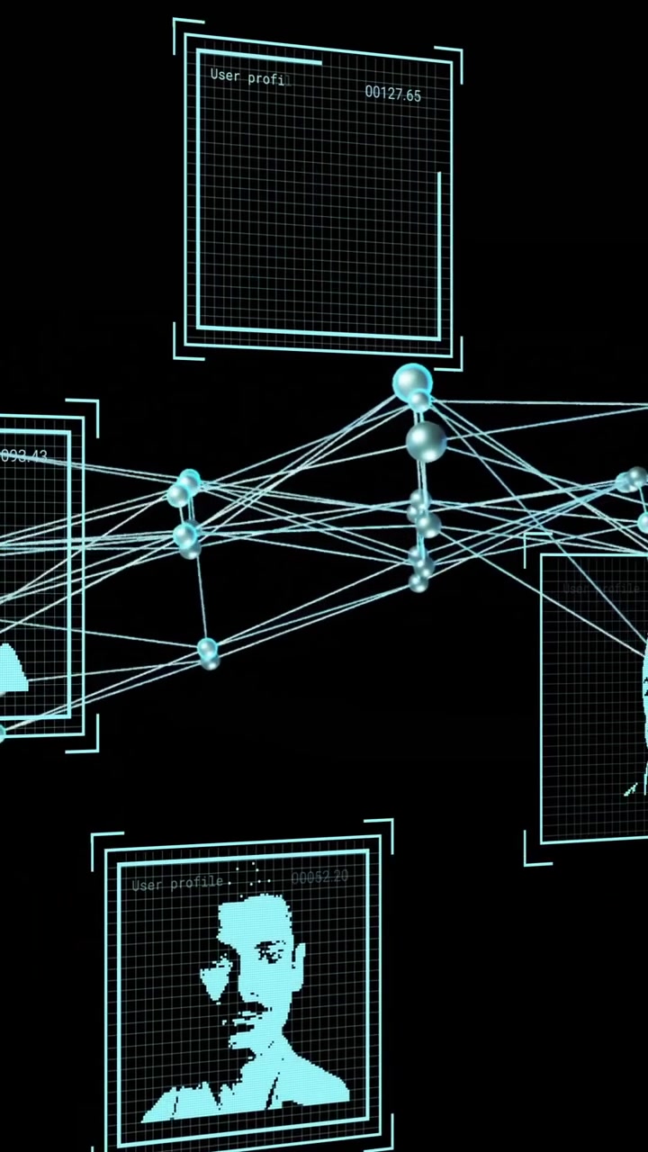 Animazione di foto biometriche digitali, elaborazione dati e filamento di DNA su sfondo nero