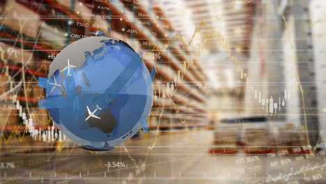 animation of globe and financial data processing over warehouse